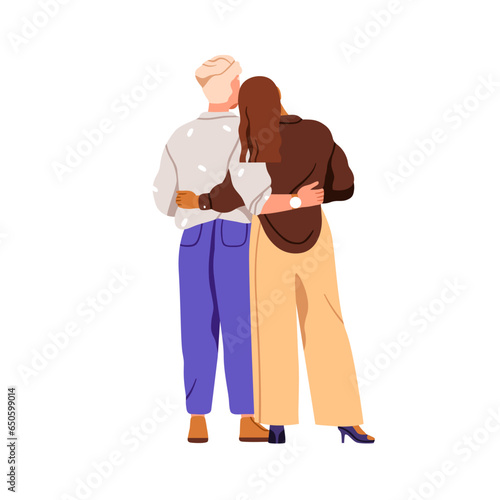 Love couple hugging, standing, from behind, back view. Romantic man and woman...