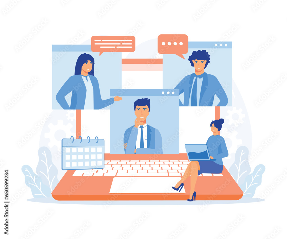 Online Discussion and Video Conference Concept. People Character working Remote at Home and using Laptop for Video Meeting with Colleagues, flat vector modern illustration