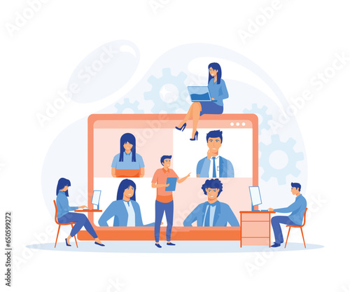 Online business conference, online joint meeting, team thinking and brainstorming. flat vector modern illustration