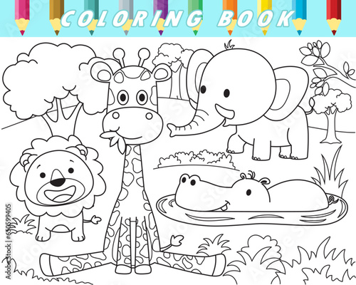 Coloring book of funny animals in forest. Vector cartoon illustration