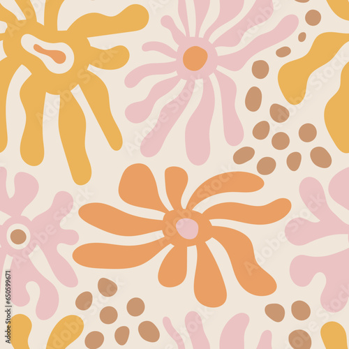 Pastel flowers curvy seamless pattern. Floral wavy endless background with melting botanical elements and dots. Contemporary art repeat vector illustration