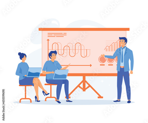 Leadership mentoring concept, Prospective Experienced Office Supervisor, Giving Presentation Within Business Seminar, flat vector modern illustration