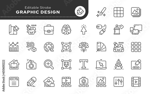 Line icon set. Graphic design. Idea and creativity. Software, design and art tools. Vector icon pack.