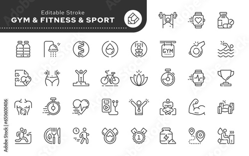 Line icon set. Gym, fitness and sports. Sports equipment and proper nutrition. Healthy lifestyle. Vector icon pack.