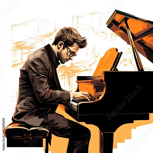 The pianist plays a complex melody in cartoon style