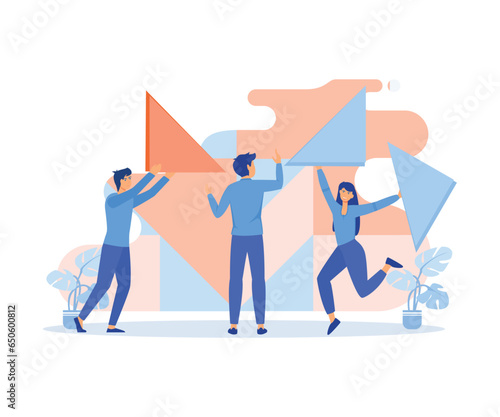 Teamwork concept, characters and abstract geometrical shapes. Co working and problem solving, flat vector modern illustration  