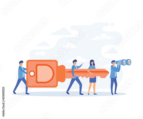 concept of teamwork. Businessman and entrepreneur go to the door with a key,  flat vector modern illustration