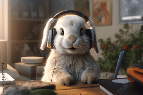 Cute bunny listen to music using headphones Created with Generative AI photo