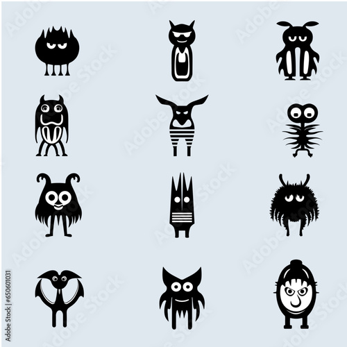 black and white monster figure icons