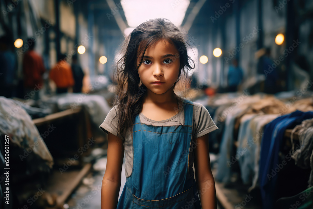 Asian kids in a textile factory background, Illegal child forced labor concept