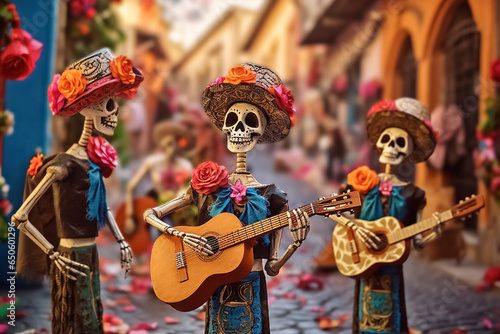 Day Of Dead traditional poster, skeletons in Mexican clothes play musical instruments and dance. Generative Ai