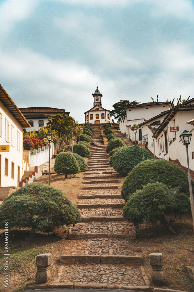 The old town steps leading up to a church in Serro in the state of Minas Gerais, Brazil. The city belongs to the wider metropolitan area of Belo Horizonte.