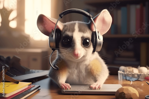 Sugar Glider listen to music using headphones Created with Generative AI