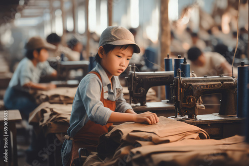 Asian kids in a textile factory background, Illegal child forced labor concept
