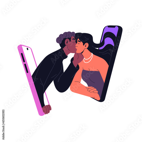 Online dating concept. Interracial couple kiss. People in relationship by phone, screen. Internet service for acquaintance. App to find romantic pair. Love flat isolated vector illustration on white
