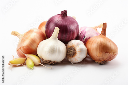 Onion and garlic on white background.