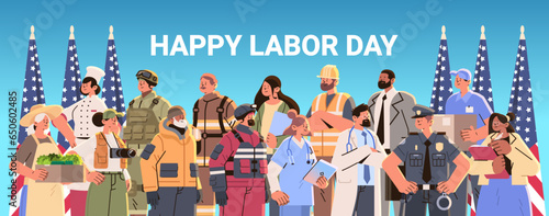 different occupation people with american flag diverse workers of various professions and specialists standing together happy labor day