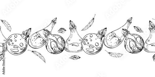 Hand drawn ink vector glass vial jars for potions with crystals. Sketch illustration art for Halloween party, witchcraft. Isolated seamless banner. Design shops, logo, print, website, card, booklet