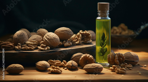 Walnuts oil in antique bottle with walnuts photo