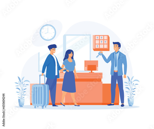 hotel receptionist concept, Hotel scene with couple registration. Man and woman at reception desk with suitcases, receptionist with key, flat vector modern illustration