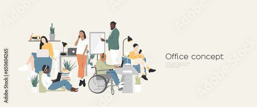 Office concept. Different people work together. Modern minimalist design.