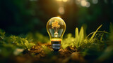 light bulb with small plant on soil and sunshine. concept saving energy in nature