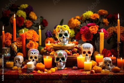 Traditional mexican Day of the dead altar with sugar skulls and candles
