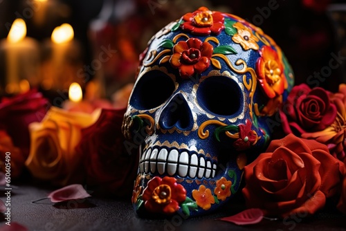 Human skull with flowers