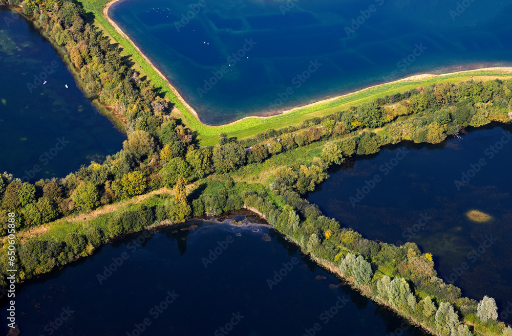 Aerial view of the gravel pit lake in the Cotswold Water Park wildlife and tourist location in Gloucestershire