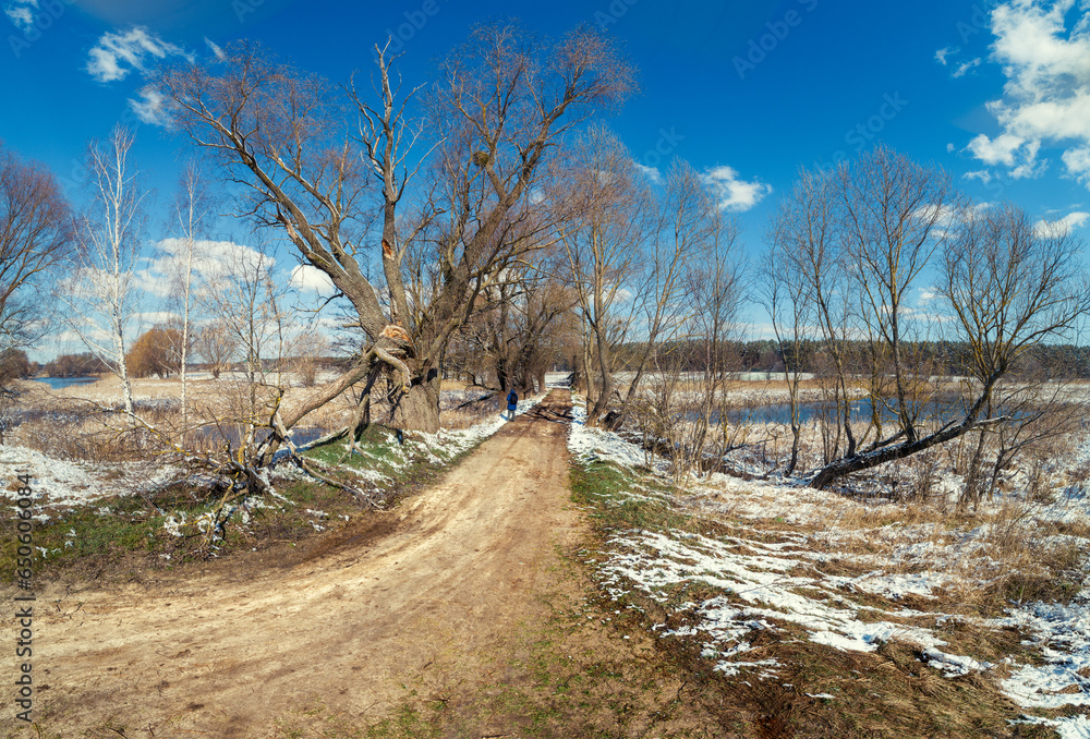 Early spring in the countryside. Spring rural landscape with a stream. Dirt road on the dam Early spring in the countryside. Spring rural landscape with a stream. Dirt road on the dam