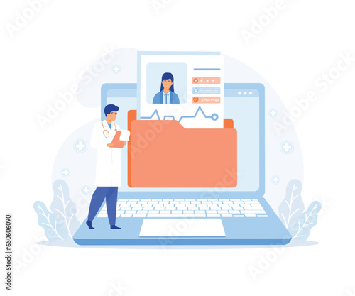 Electronic health record and online medical services, Patients having online consultations with medical specialists, flat vector modern illustration 