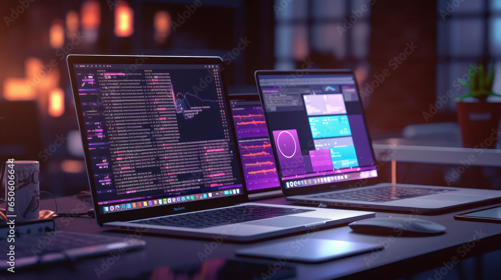 laptop screen with application. software developer workplace laptop screen with application. software developer workplace