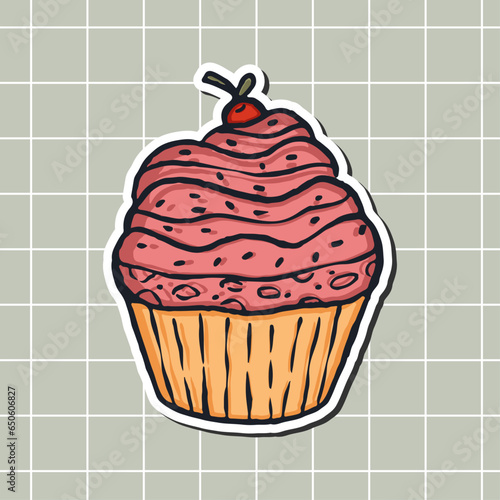 muffin sticker, cartoon cake. Scrapbook clipart.