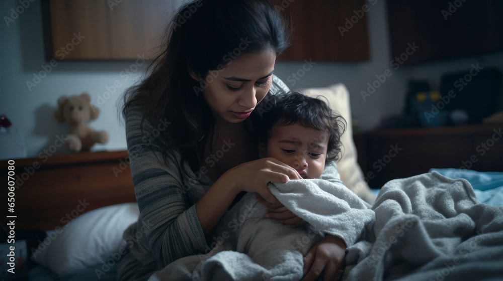 Fototapeta premium Motherhood. mom crying for her little baby he is suffering sick.