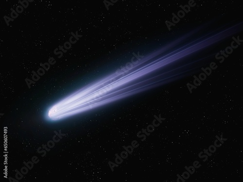 Large comet tail in the sky. Comet isolated on a black background. Falling asteroid. Astronomical image of a meteor.