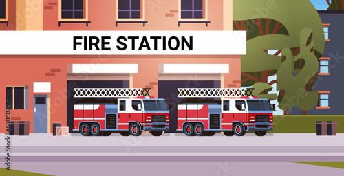 Fire station building fire department house facade and red emergency vehicle horizontal