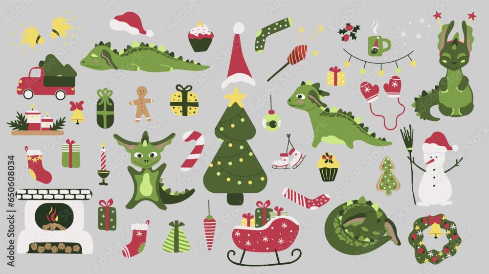 Christmas set with green dragons. New Year Clip art, stickers. Dinosaurs. Chinese New Year 2024