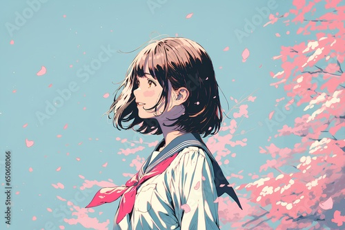 桜の花が舞い散る中微笑む女の子 AI生成画像