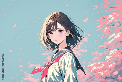 桜の花が舞い散る中振り向く女の子 AI生成画像