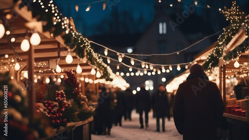 A man walks through the Christmas market, decorated with festive lights in the evening