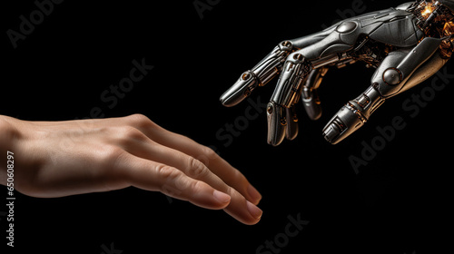 A human hand and a robot hand reaching towards each other, illustrating the collaboration between AI and humans in modern industries
