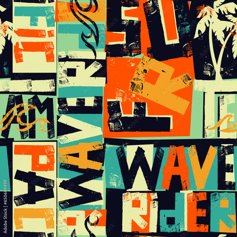 Wave rider pacific surfing team tape lettering wallpaper grunge abstract vector seamless pattern