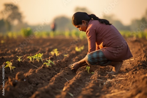 Female farmer agronomist checking the quality of ploughed field soil before sowing season, selective focus