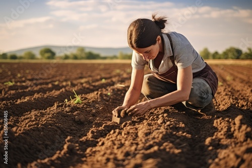 Female farmer agronomist checking the quality of ploughed field soil before sowing season  selective focus