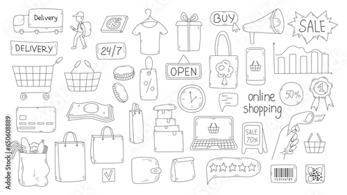 Shopping doodle elements set. Big hand drawn ecommerce collection of symbols for delivery, online shopping, sale. Grocery and supermarket sketch. Isolated vector illustration
