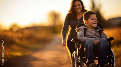 A beautiful little boy with a disability walks in a wheelchair with his mom at sunset. A child with disabilities