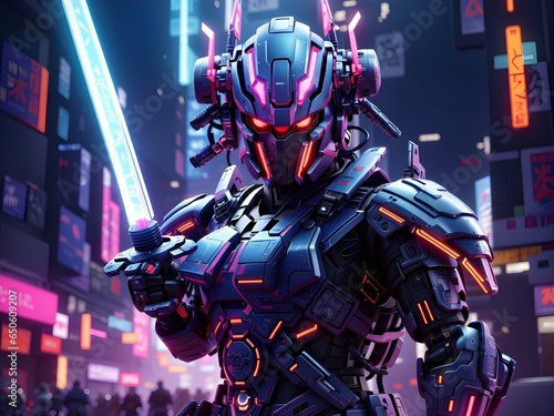 In a futuristic world, a cyber samurai battles against a robotic army, wielding a glowing sword and surrounded by neon lights photo