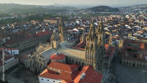 Aerial view of square and cathedral in Santiago de Compostela, Galicia, Spain. Final point of pilgrims walking Camino de Santiago path