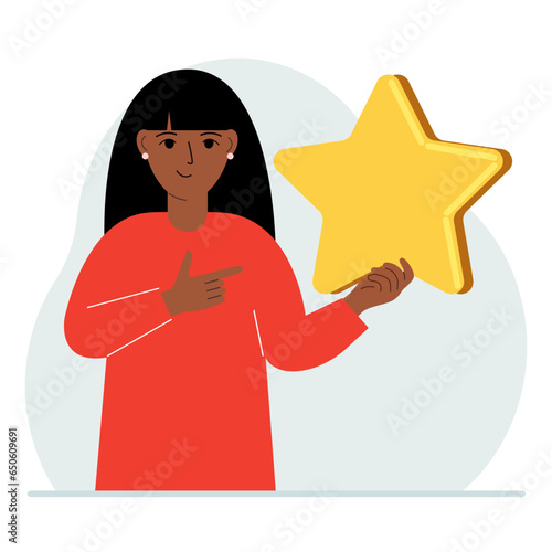 The woman is holding a star. Service rating or positive user rating. Consumer review of the product. Feedback.
