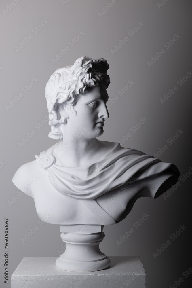 Male plaster statue head in studio over gray background Male plaster statue head in studio over gray background